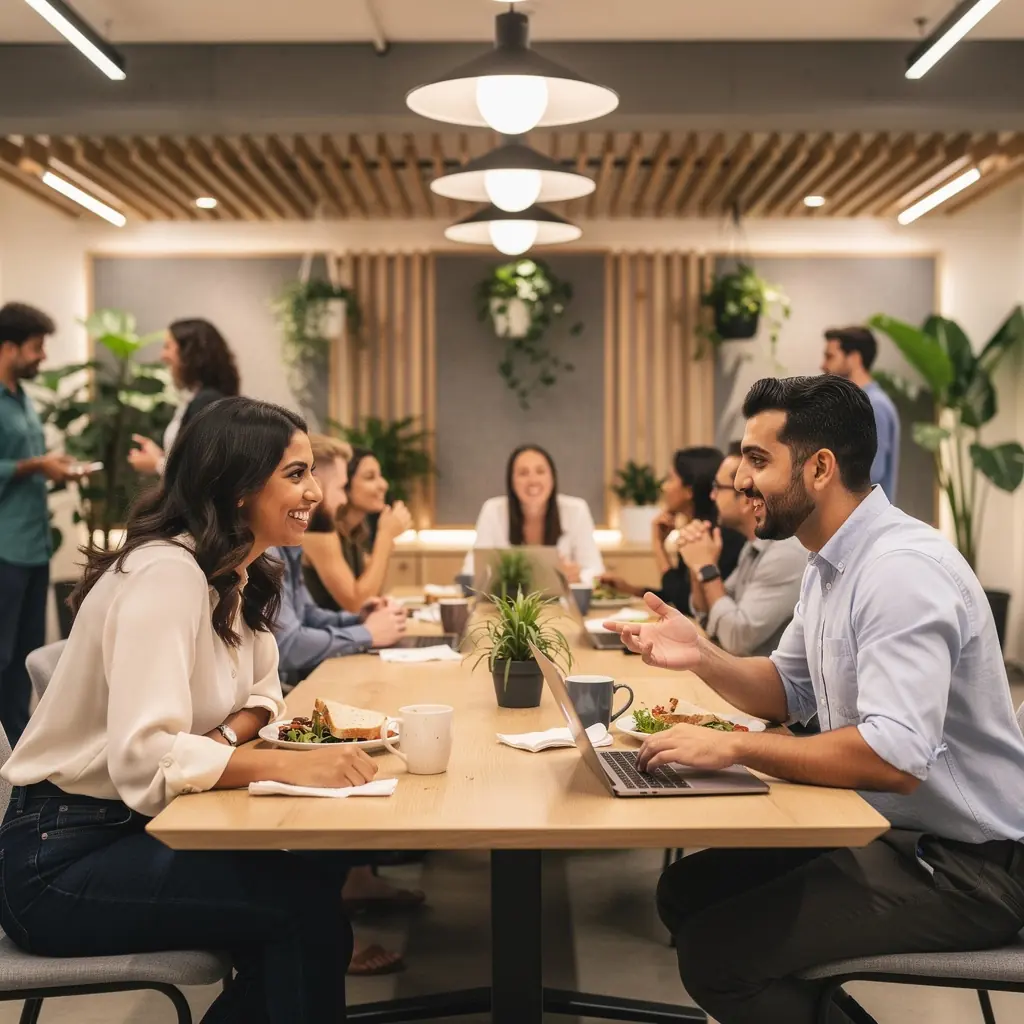 Wnętrze biura z różnymi strefami pracy, w tym miejscami do cichej pracy.