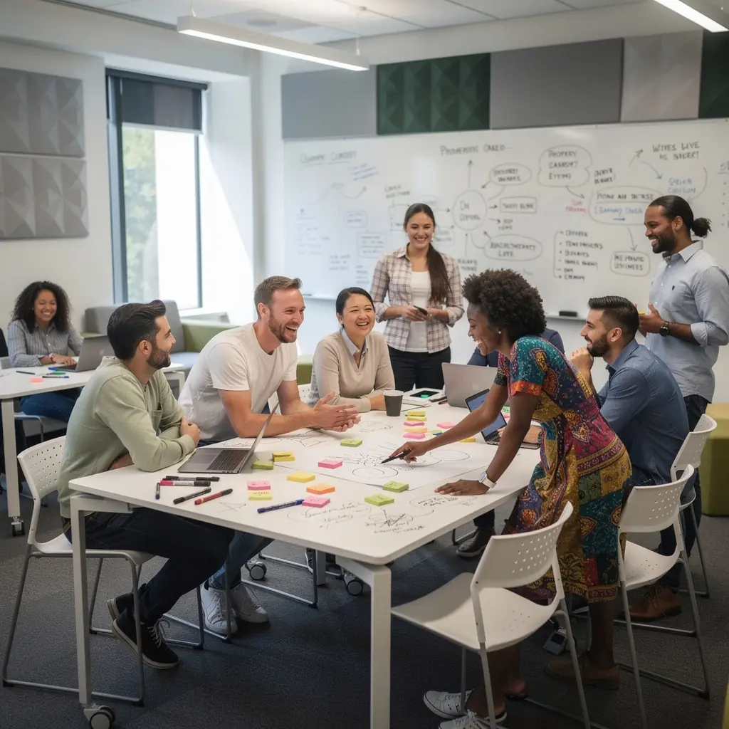 Przykład przestrzeni biurowej z akustycznymi panelami dla lepszej koncentracji.