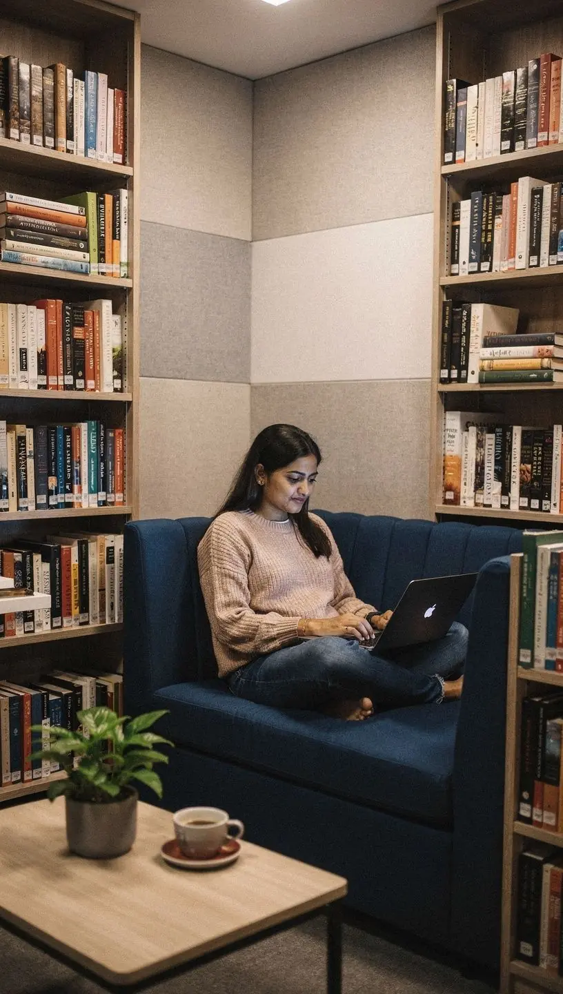 Akustyczne panele sufitowe w biurze, redukujące hałas i poprawiające komfort.