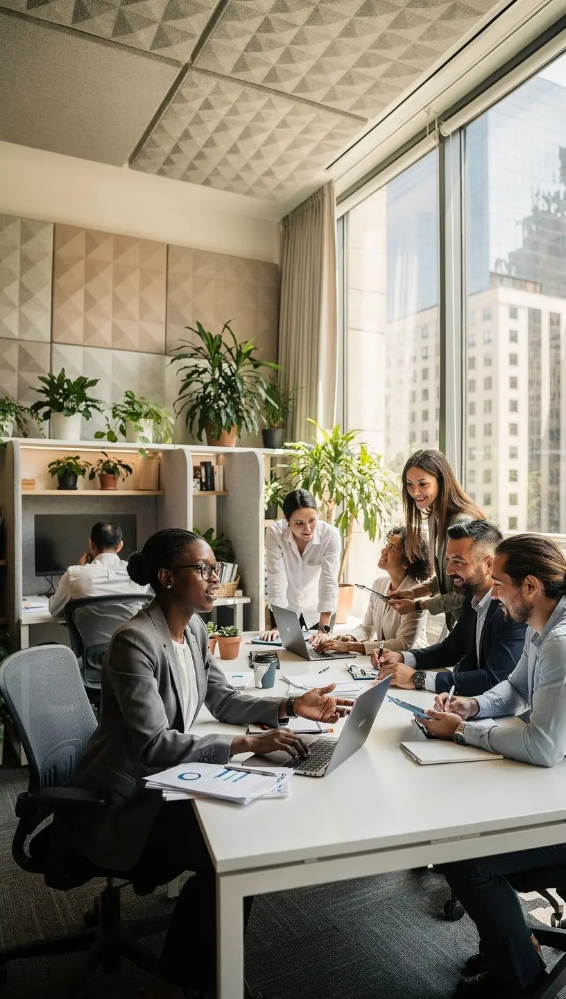 Zabudowa biurowa z przestrzeniami do odpoczynku i pracy zespołowej.