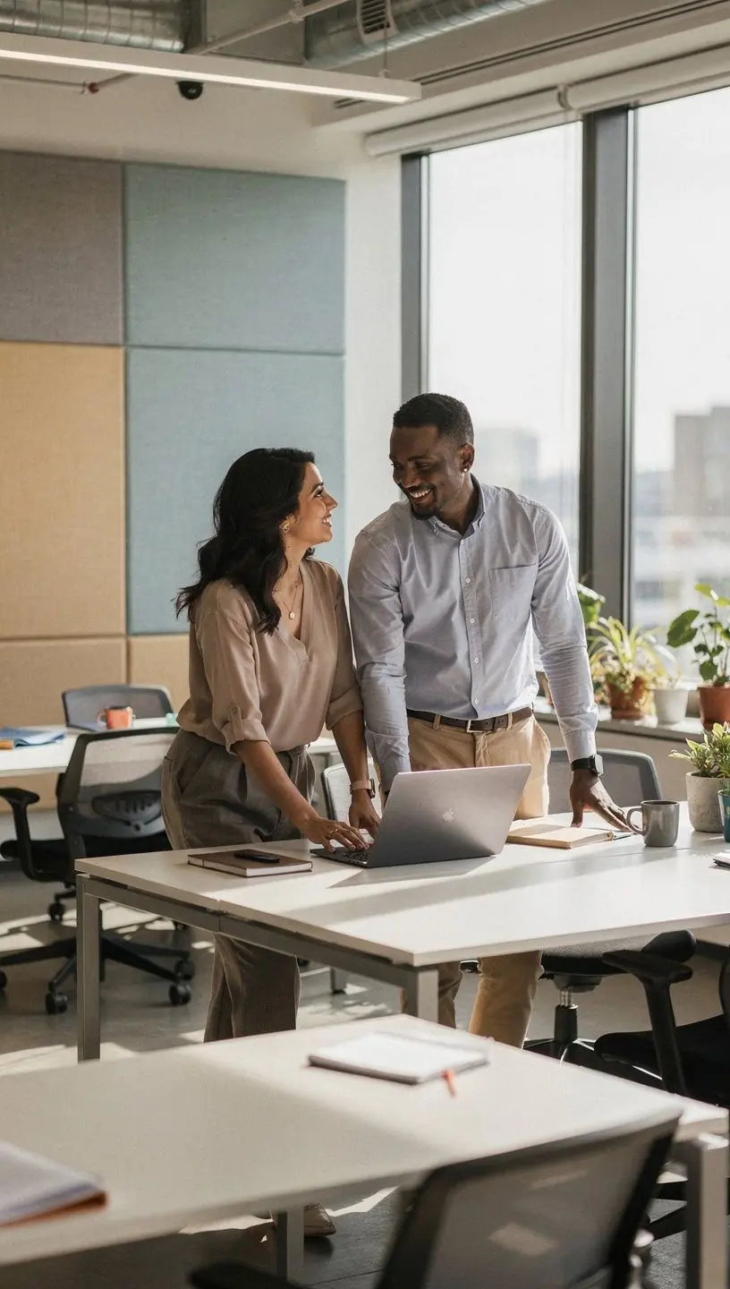 Przykład biura z naturalnym światłem i strefami do kreatywnego myślenia.