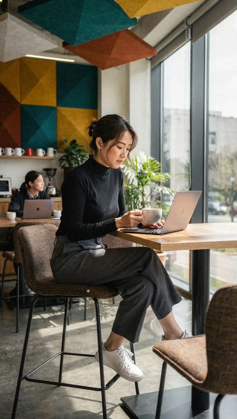 Nowoczesne biuro z ergonomicznymi meblami i strefami do pracy zespołowej.